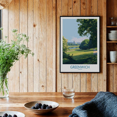 Greenwich London art print in black frame on wooden kitchen wall, rustic modern decor