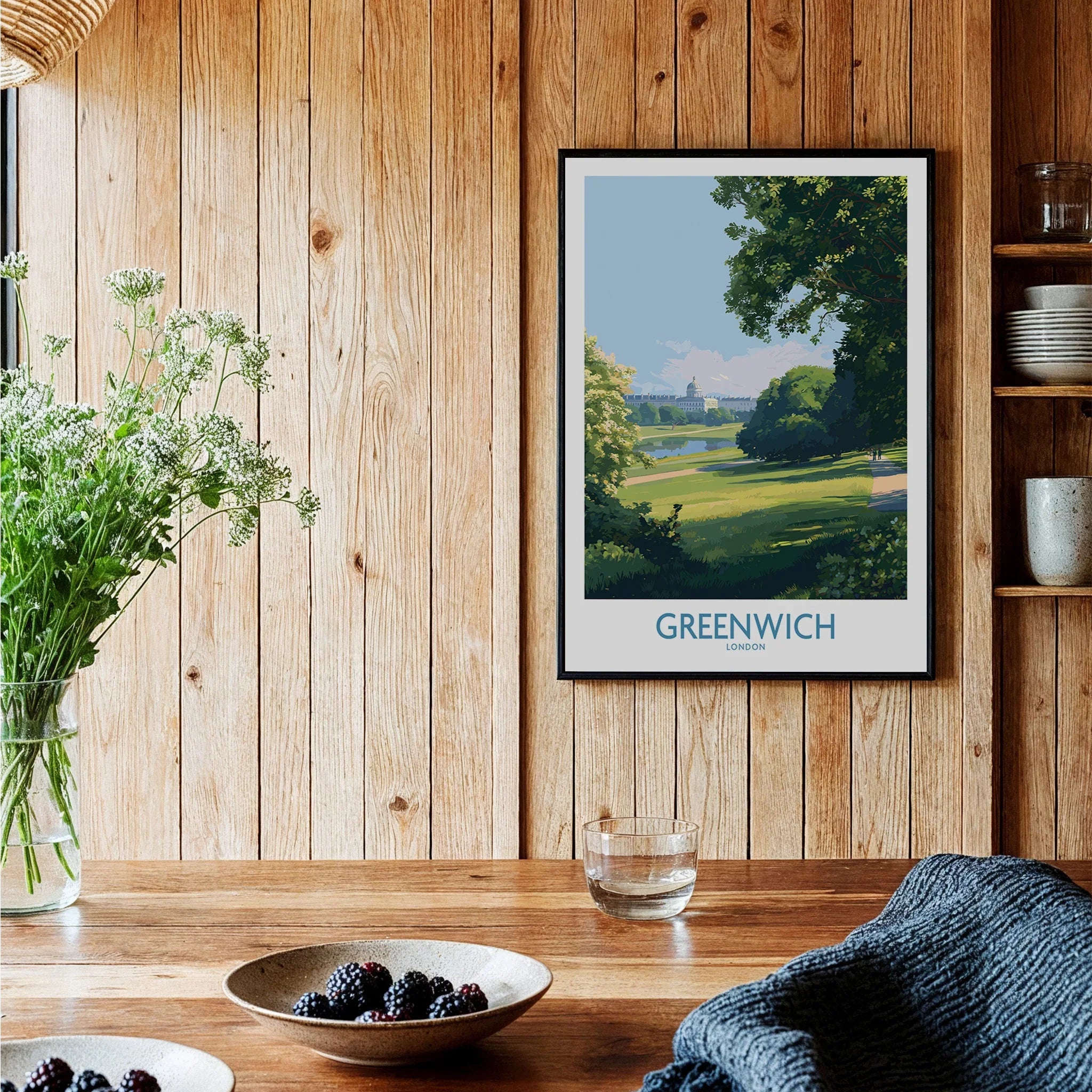 Greenwich London art print in black frame on wooden kitchen wall, rustic modern decor