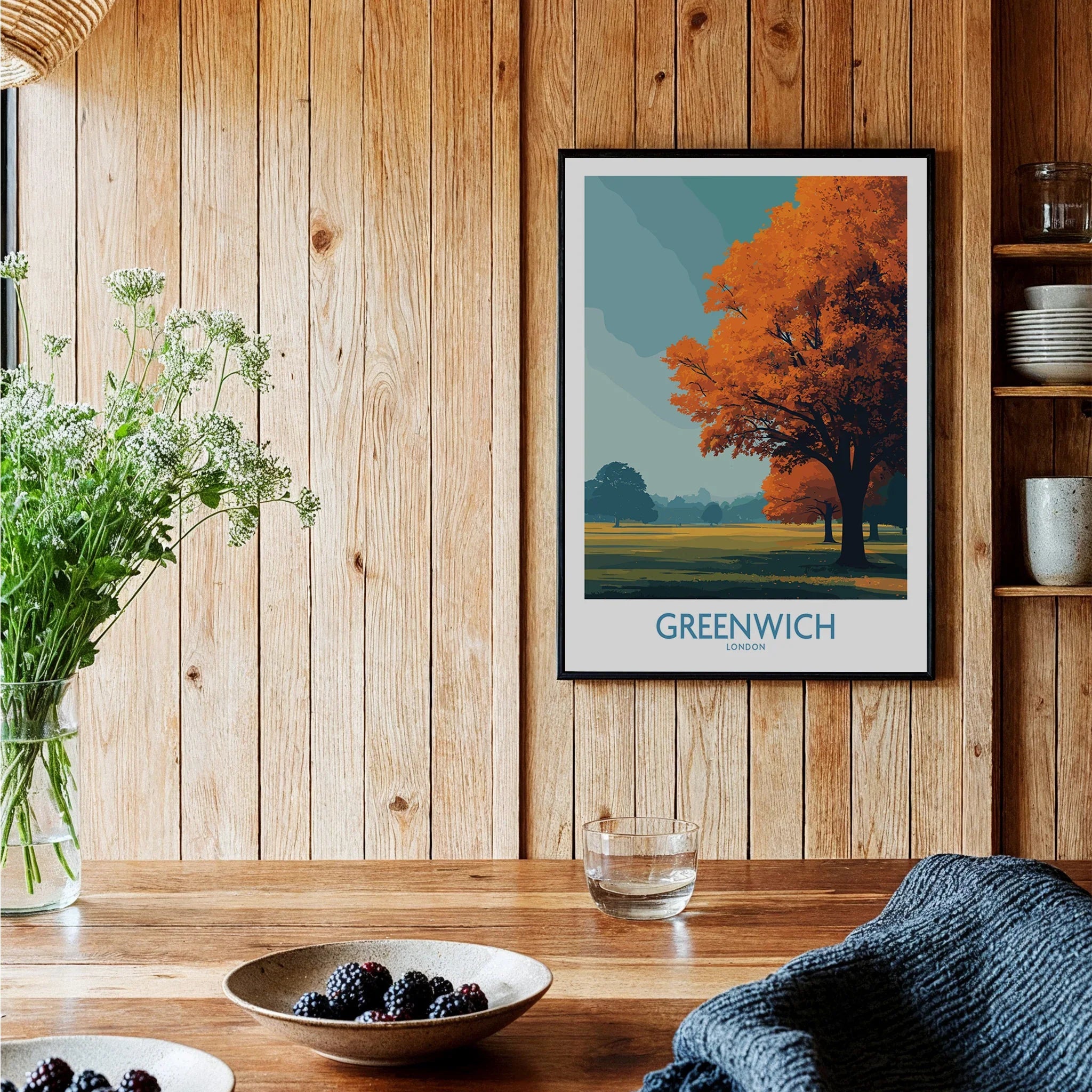 Greenwich London art print with autumn tree in black frame, styled in rustic kitchen decor