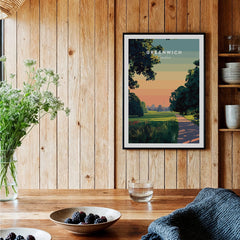 Greenwich London travel poster art print in black frame on wood wall, cozy kitchen decor