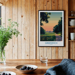 Greenwich London travel poster wall art in a cozy wood kitchen setting with fruit bowls.