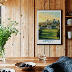 Greenwich London skyline art print in black frame hanging in rustic kitchen decor setting
