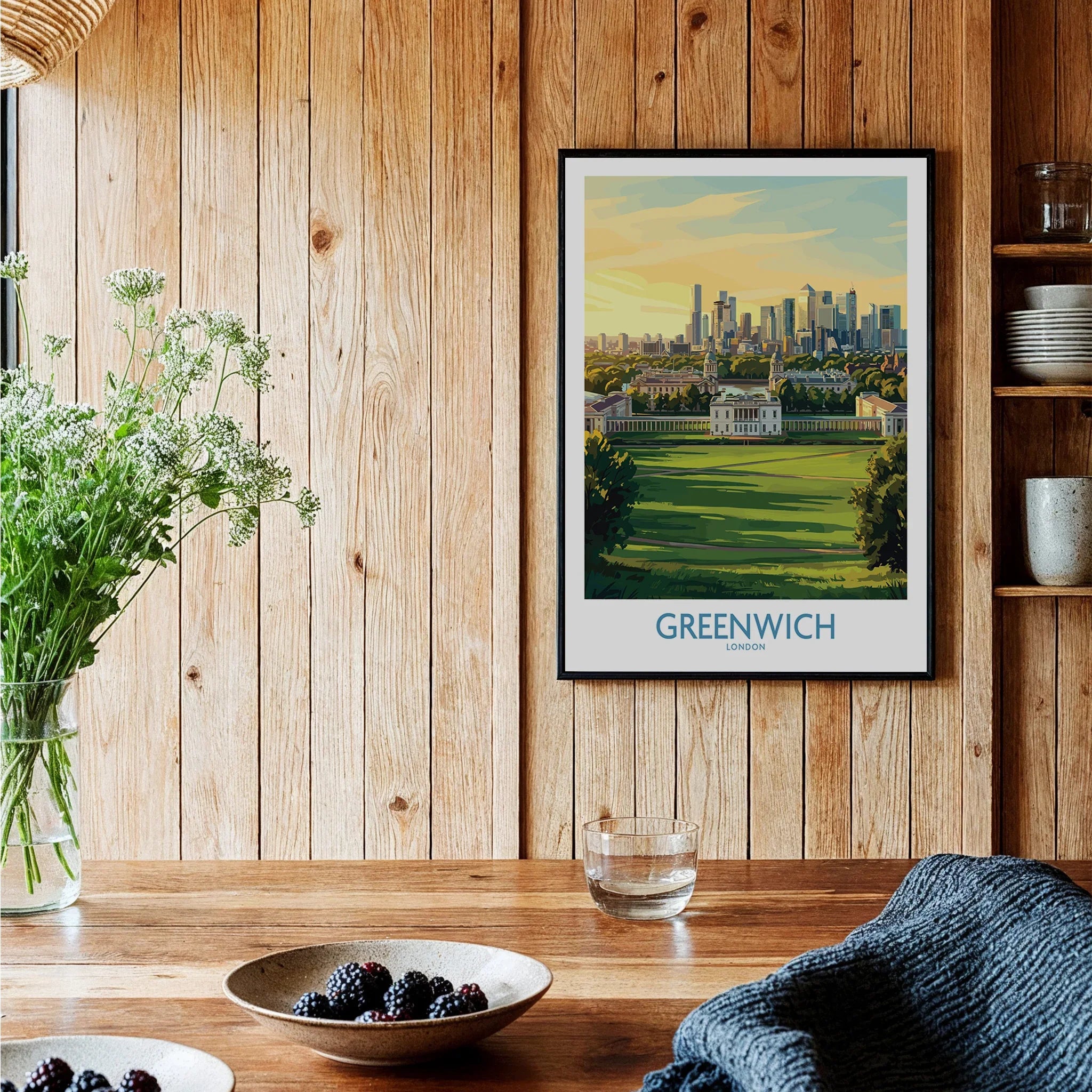Greenwich London skyline art print in black frame hanging in rustic kitchen decor setting
