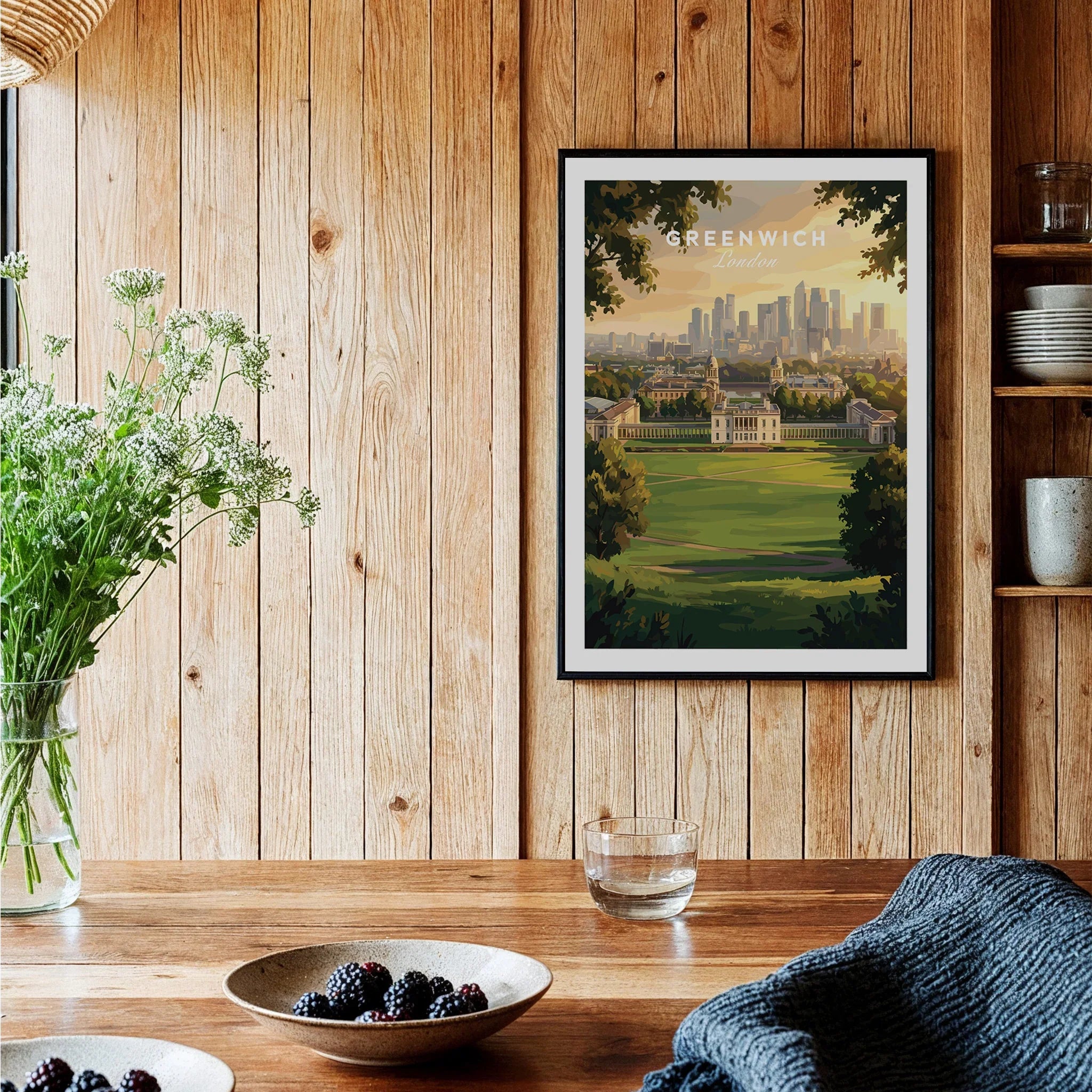 Greenwich London framed art print in rustic kitchen with wood walls and tabletop decor