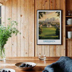Greenwich London art print hangs in rustic kitchen with wood wall and fresh berries on table