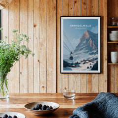 Grindelwald Switzerland Wall Art Print | Alpine Cable Car Travel Posters showcasing a cable car in a stunning alpine landscape.