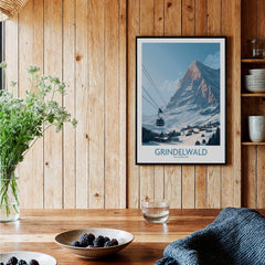 Grindelwald Switzerland Poster | Snowy Alps Mountain Scene Canvas Print displayed in a cozy wooden interior.