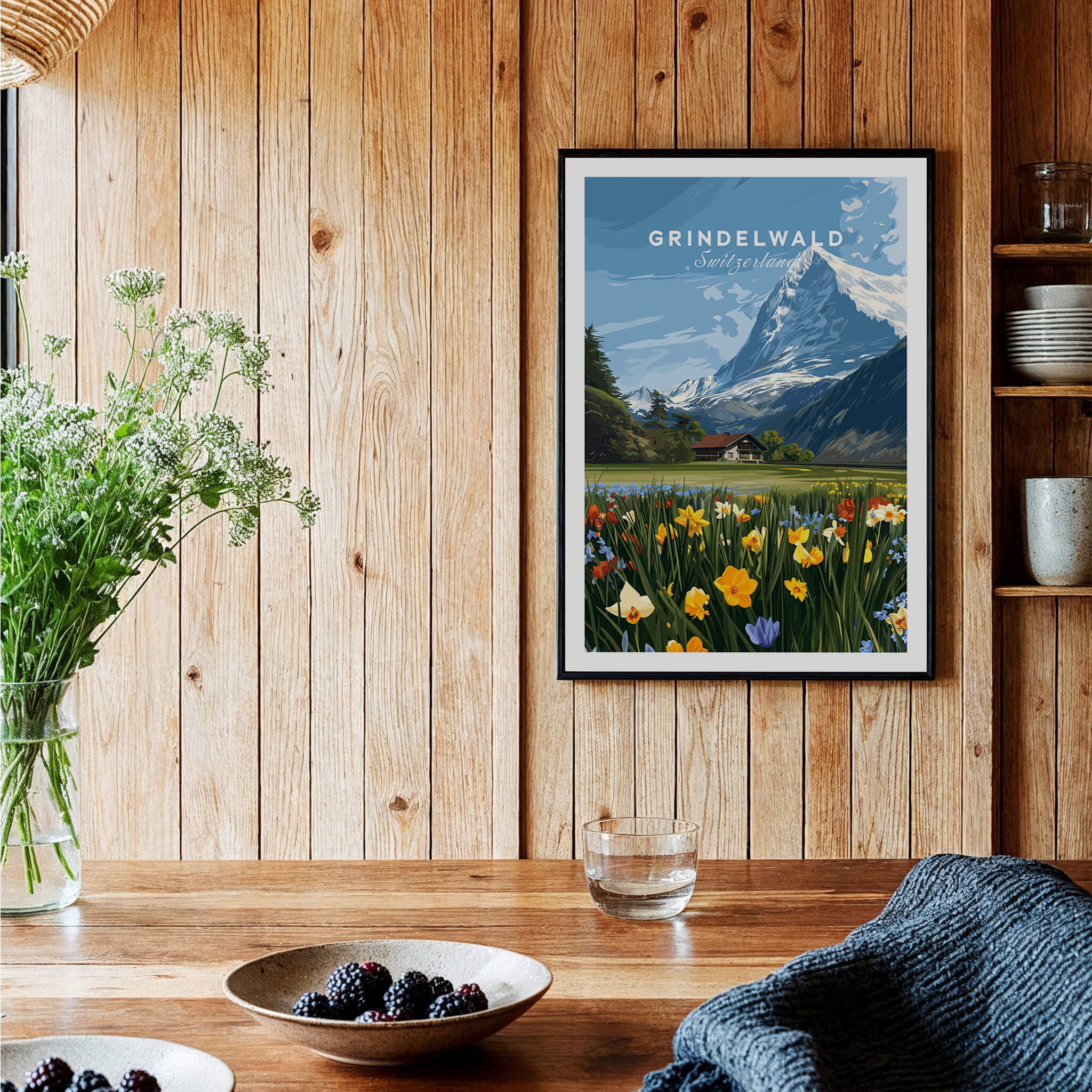 Grindelwald Switzerland Travel Poster | Alpine Wildflower Meadow Wall Art Print featuring colorful flowers and mountains.