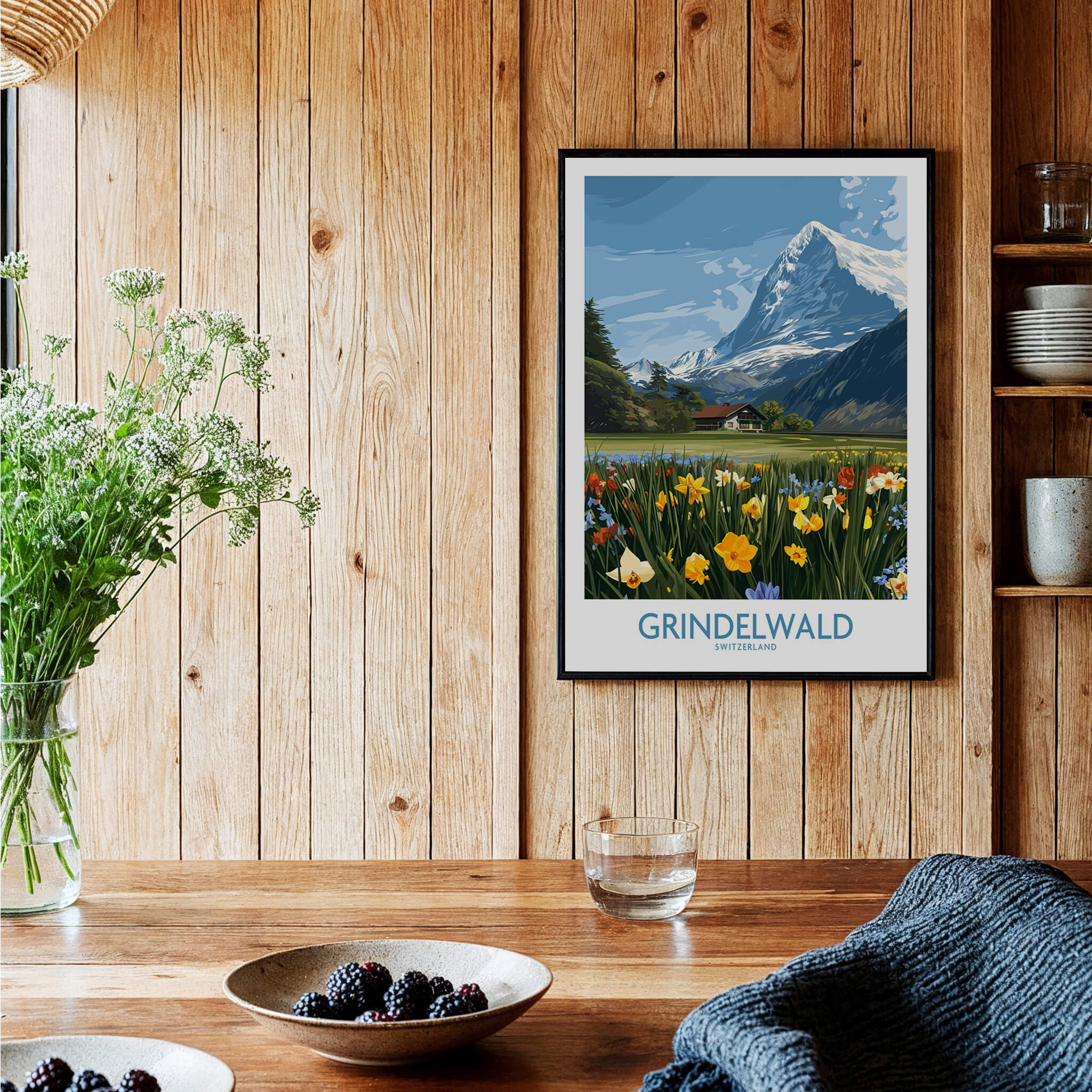 Grindelwald Switzerland Canvas Print | Scenic Swiss Village Landscape Poster displayed in a cozy rustic setting.