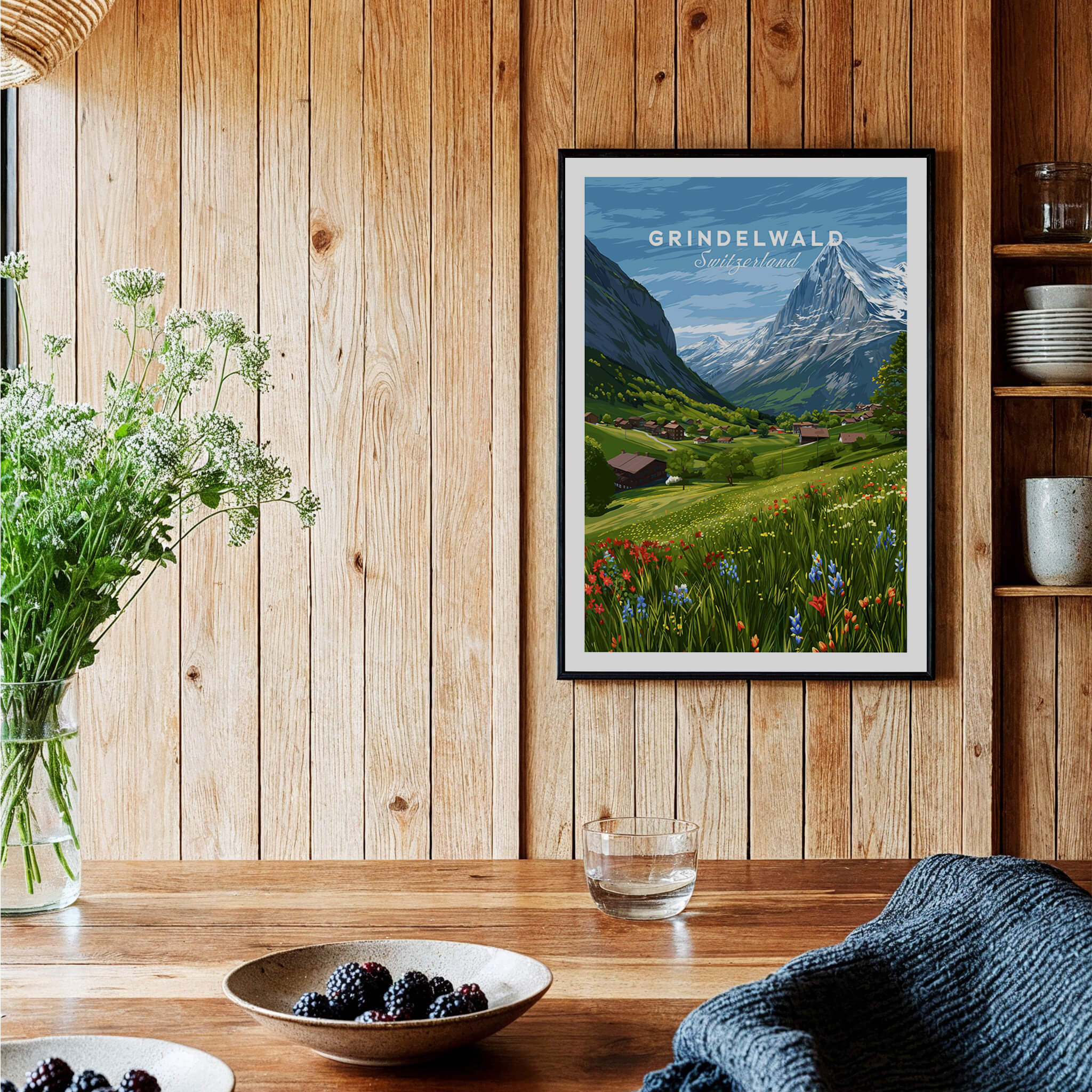 Grindelwald Switzerland Wall Art Print | Summer Alps Nature Travel Posters displayed in a cozy wooden interior.