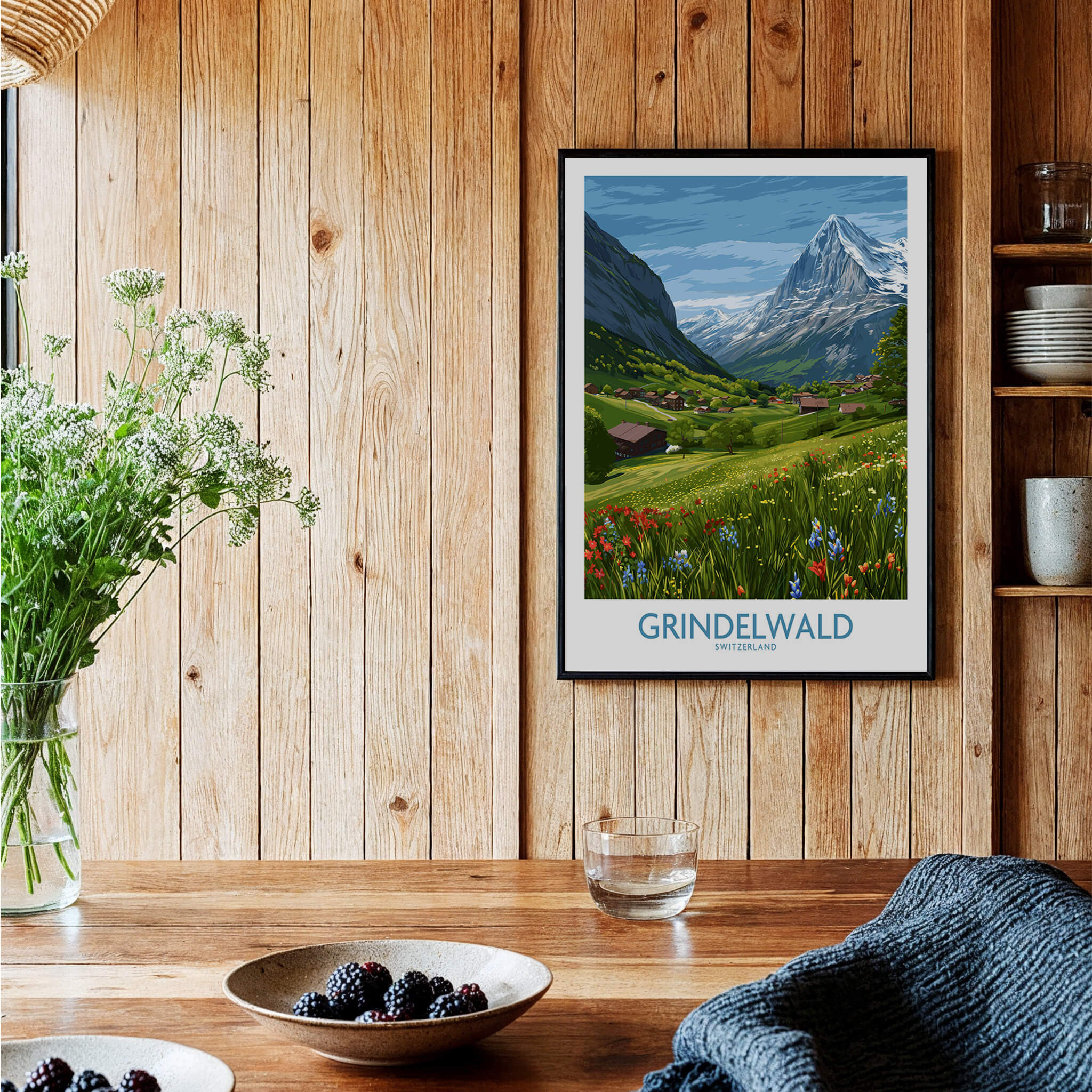 Grindelwald Switzerland Posters | Lush Green Mountain Valley Canvas Print in a rustic setting with flowers and wooden decor.