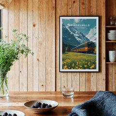 Grindelwald Switzerland Travel Poster | Iconic Mountain Railway Wall Art Print displayed on a wooden wall with flowers.