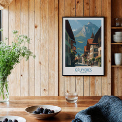 Gruyères Switzerland Poster | Historic European Town Architecture Canvas Print displayed in a wooden interior.