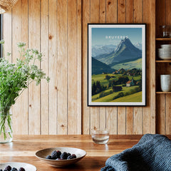 Gruyères Switzerland Travel Poster | Mountain Landscape Wall Art Print displayed in a cozy interior setting.