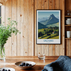 Gruyères Switzerland Canvas Print | Charming Swiss Countryside Scenery Poster displayed in a rustic wooden interior.