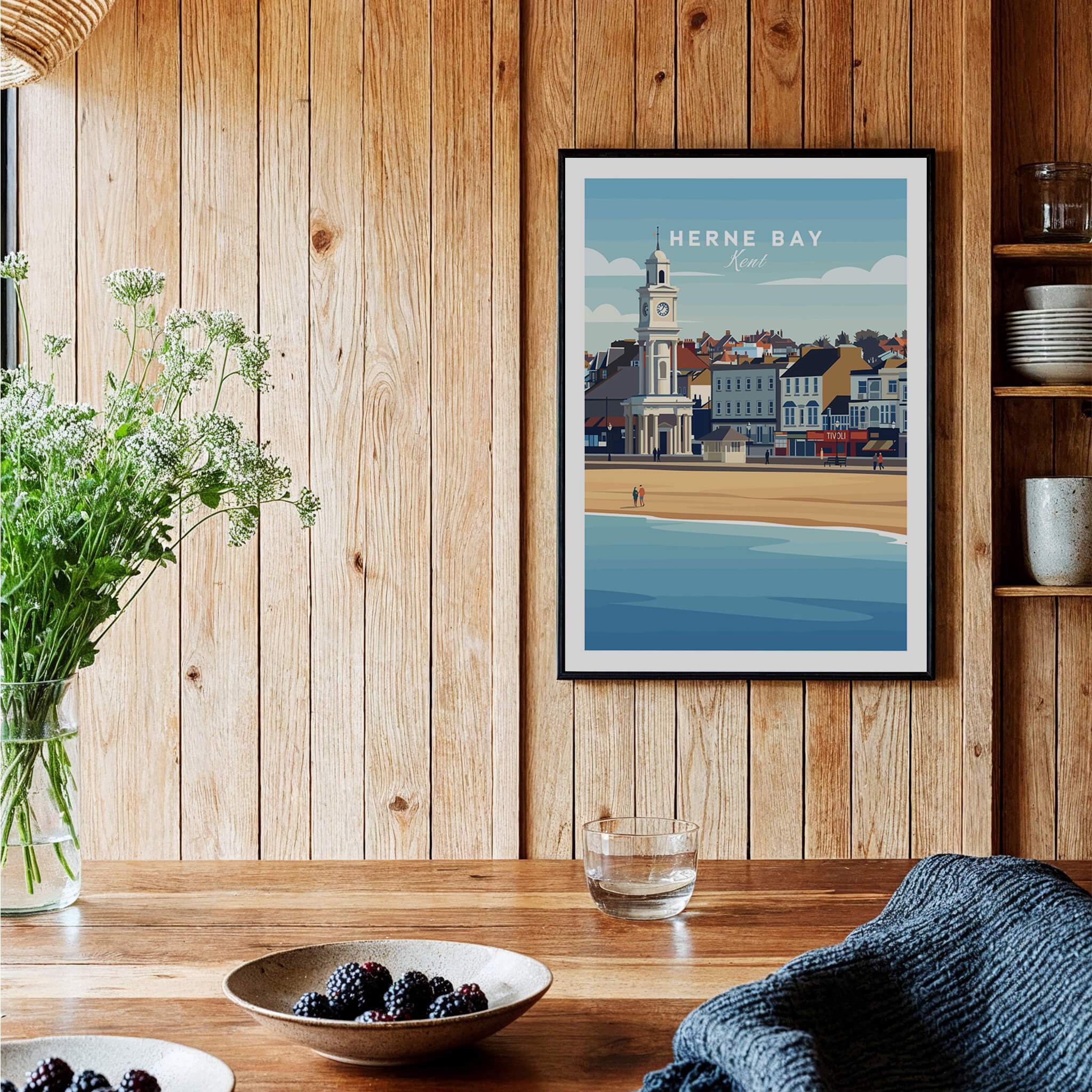Herne Bay Kent Wall Art Print | British Travel Poster displayed in a cozy home interior with wooden decor and natural elements.