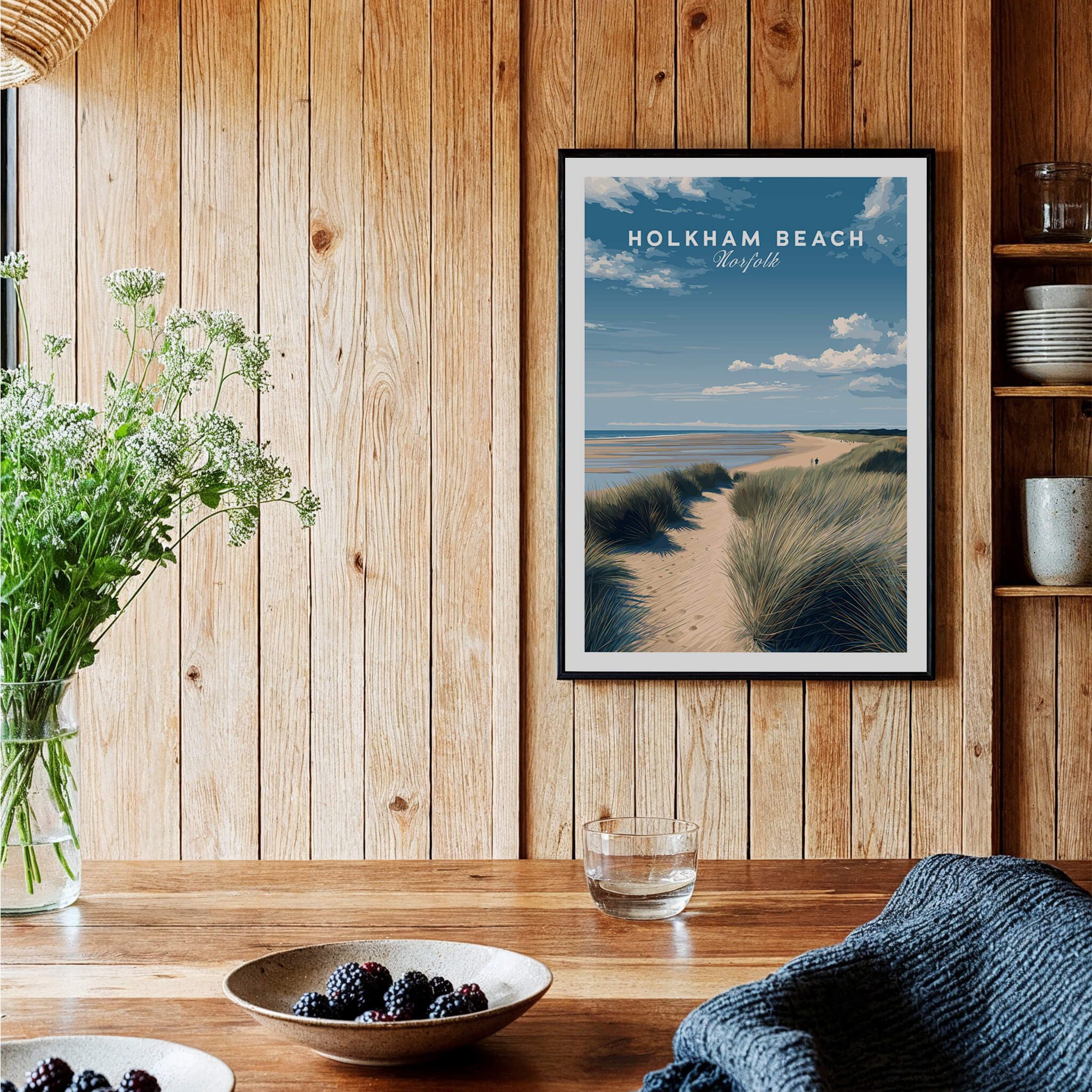 Holkham Beach Norfolk Wall Art Print | Coastal Sand Dunes Travel Poster displayed in a cozy interior setting.
