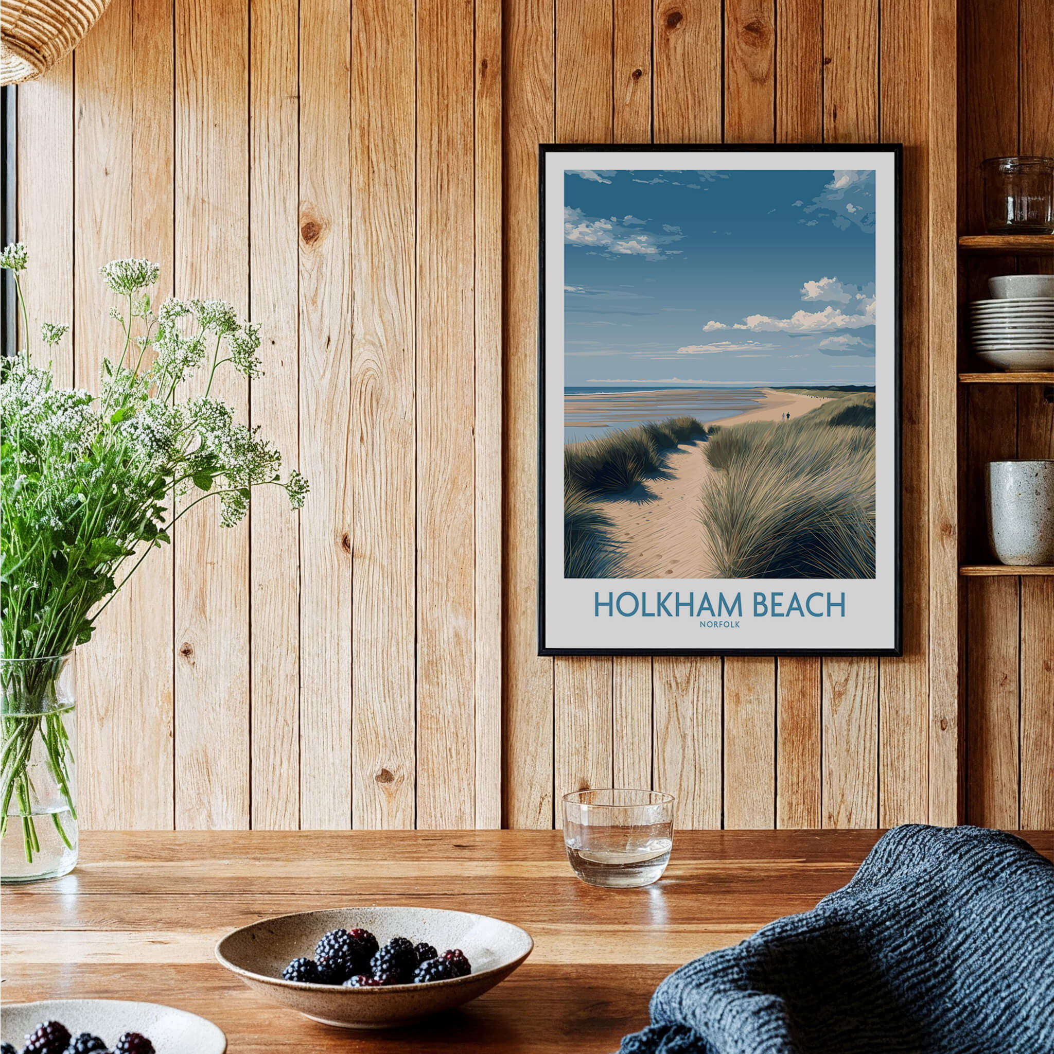 Holkham Beach Norfolk Poster | North Norfolk Shoreline Nature Canvas Print displayed on a wooden wall.