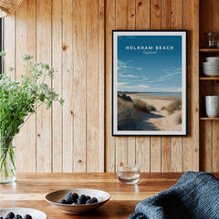Holkham Beach Norfolk Wall Art Print | British Beach Travel Poster displayed in a cozy home setting.
