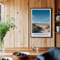 Holkham Beach Norfolk Poster | Serene Coastal Landscape Canvas Print displayed on a wood wall with decorative elements.