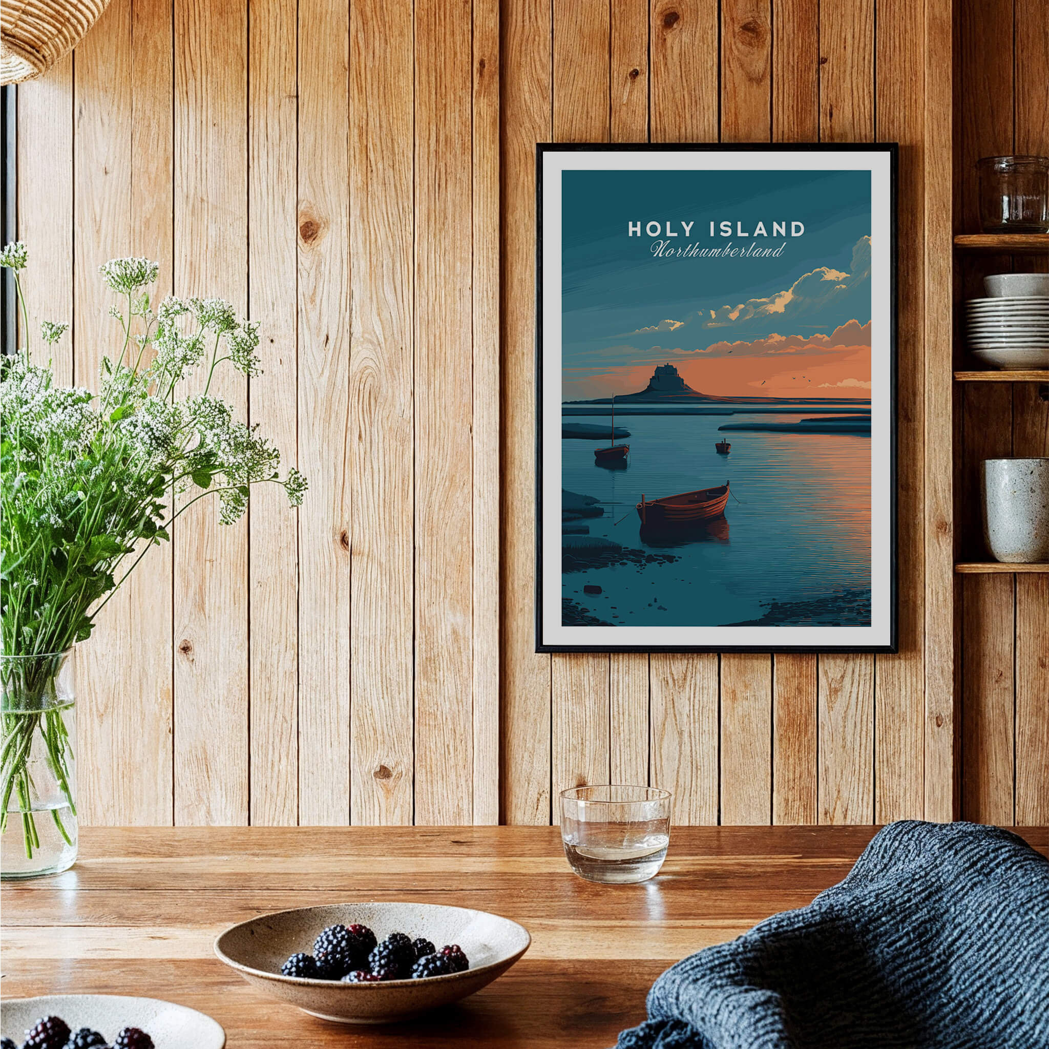 Holy Island Northumberland Wall Art Print | Lindisfarne Sunset Travel Poster displayed in a cozy interior setting.