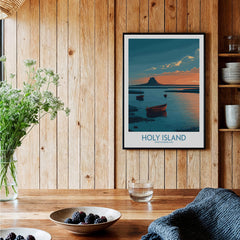 Holy Island Northumberland Poster | Coastal Castle Sunset Canvas Print displayed in a rustic interior with wooden walls.