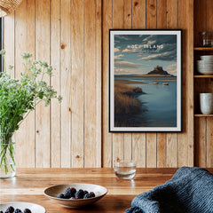 Holy Island Northumberland Travel Poster | Lindisfarne Castle Wall Art Print displayed in a cozy interior setting.