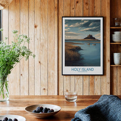 Holy Island Northumberland Poster | Historic England Coast Canvas Print displayed on a wooden wall with natural decor.