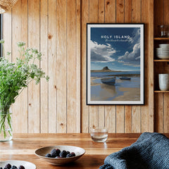 Holy Island Travel Poster Northumberland | Coastal Landscape Wall Art Print featuring a serene coastal scene with boats.