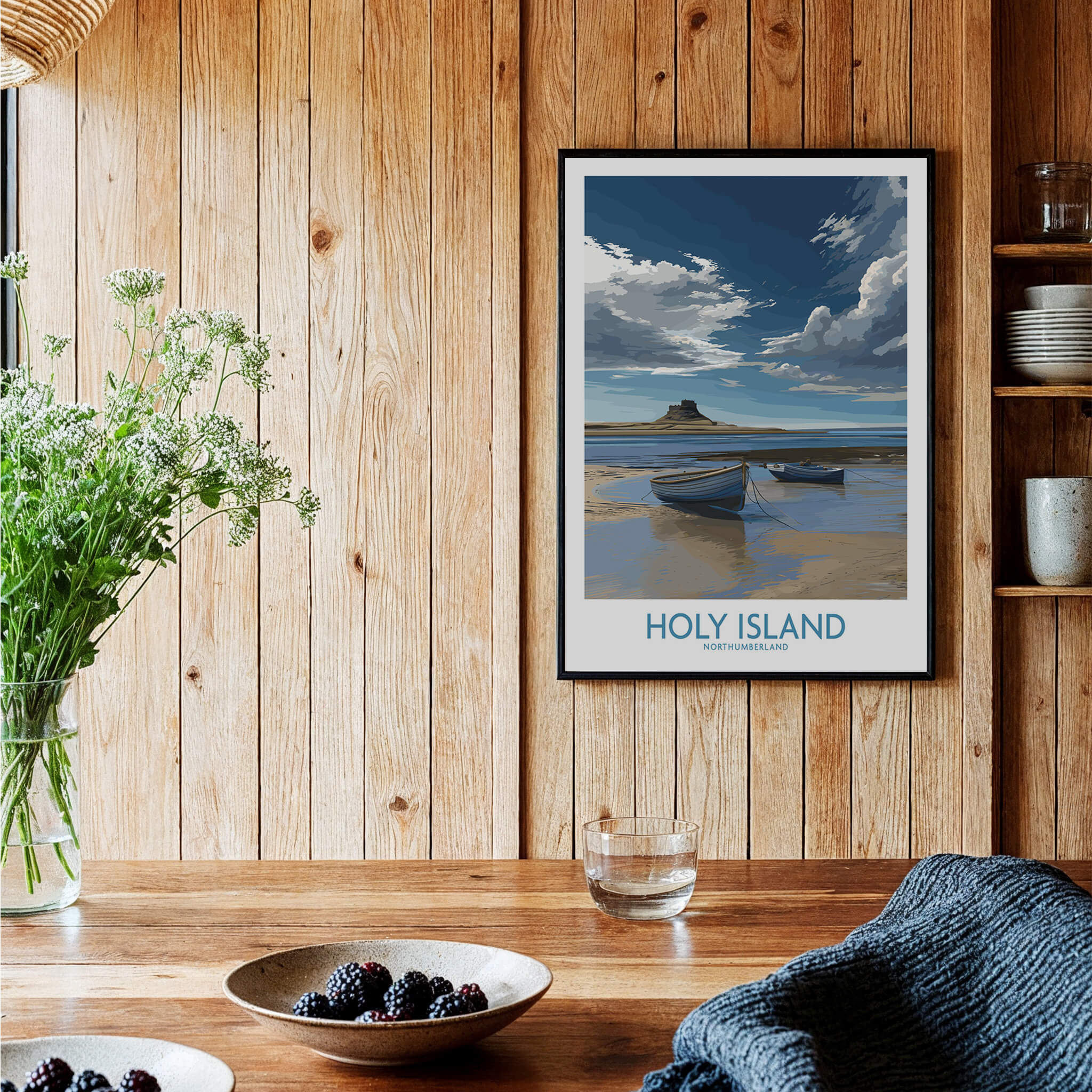 Holy Island Northumberland Poster | North Sea Coast Canvas Print featuring coastal scenery and tranquil waters.