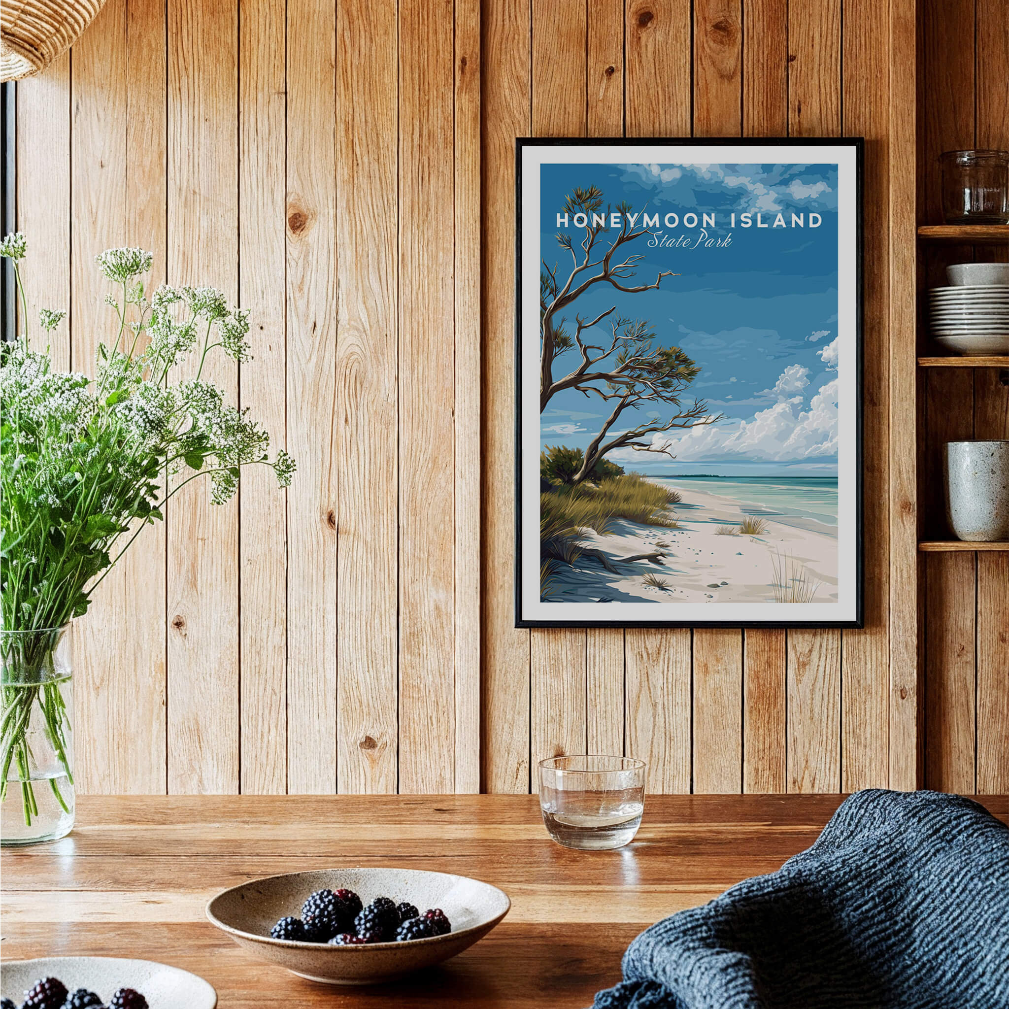 Honeymoon Island Wall Art Print | Florida Tropical Beach Travel Poster framed on a wooden wall in a cozy home setting.