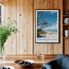 Honeymoon Island Poster | Florida State Park Coastline Canvas Print displayed in a cozy home setting with natural elements.