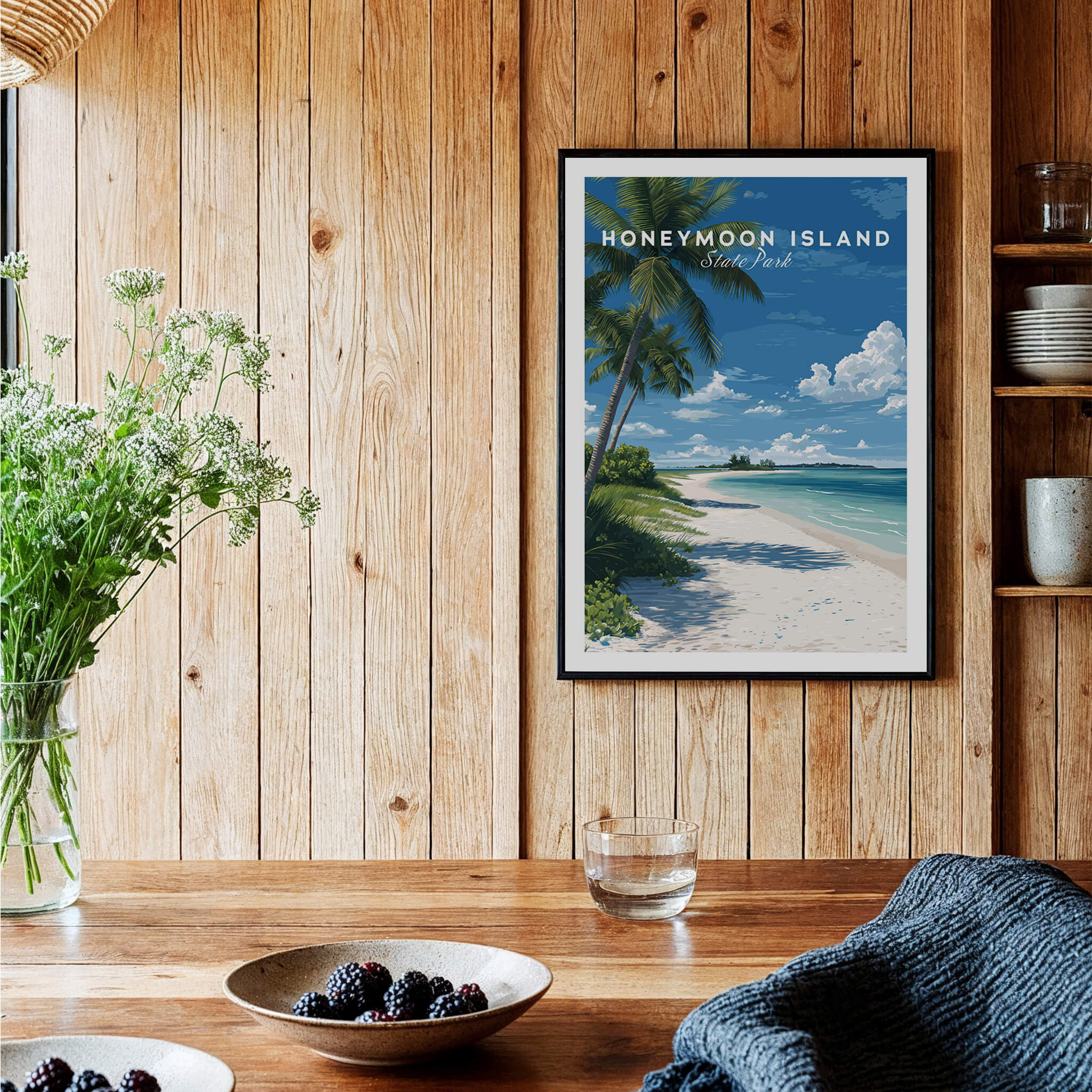 Honeymoon Island Travel Poster | Florida Beach Wall Art Print featuring serene beach and palm trees in a coastal setting.