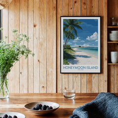Honeymoon Island Poster | Sunny Florida Gulf Canvas Print displayed in a cozy home setting with wooden decor.