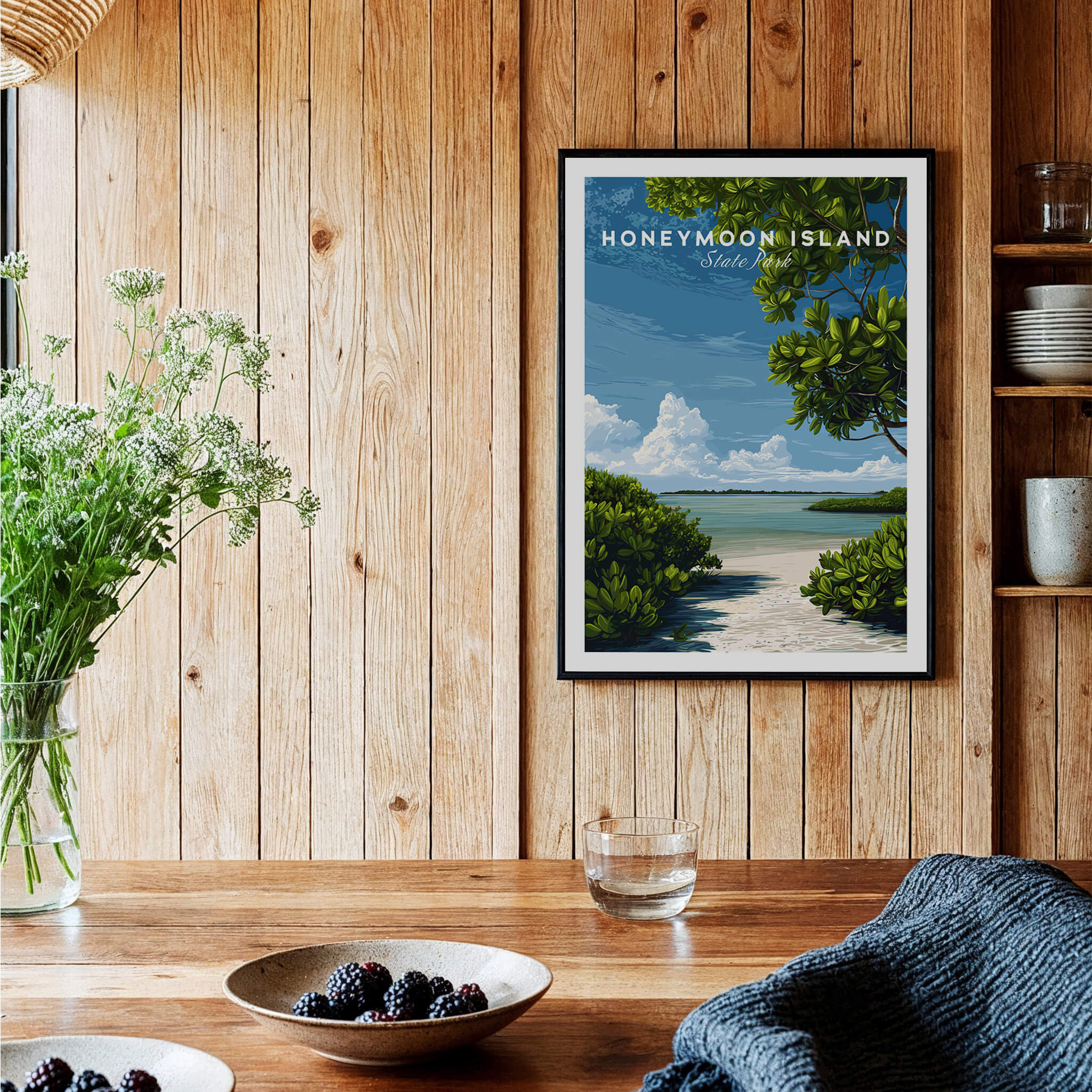 Honeymoon Island Florida Travel Poster | Mangrove Coast Wall Art Print showcasing lush mangroves and serene shoreline.