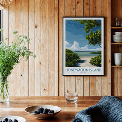 Honeymoon Island Florida Poster | Tropical Island Scene Canvas Print displayed in a cozy interior with wooden decor.