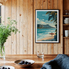 Honolulu Wall Art Print | Waikiki Beach Hawaii Travel Poster featuring vibrant beach scene with surfboard.