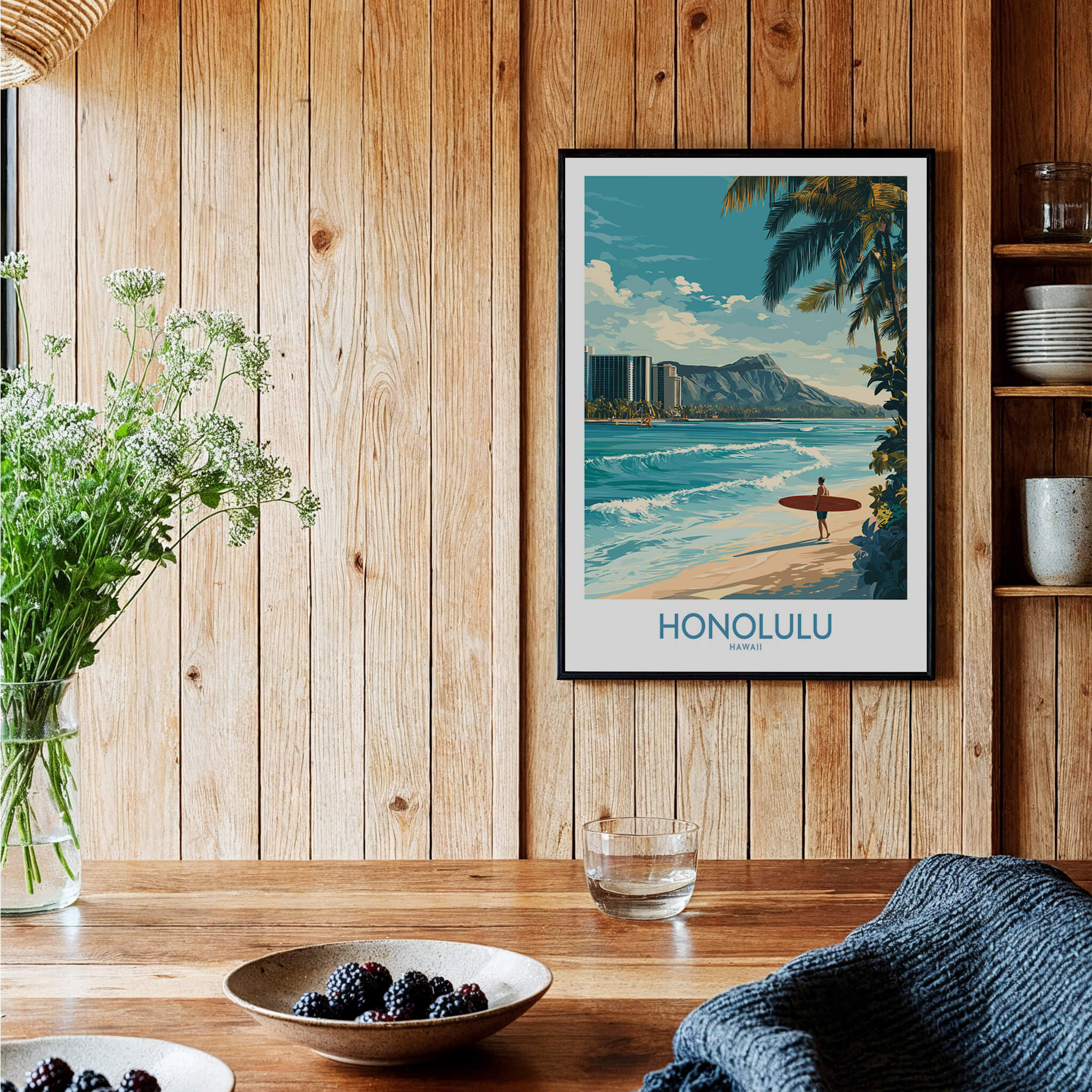 Honolulu Poster | Hawaii Surfing Canvas Print showcasing vibrant ocean scenery and surf culture.