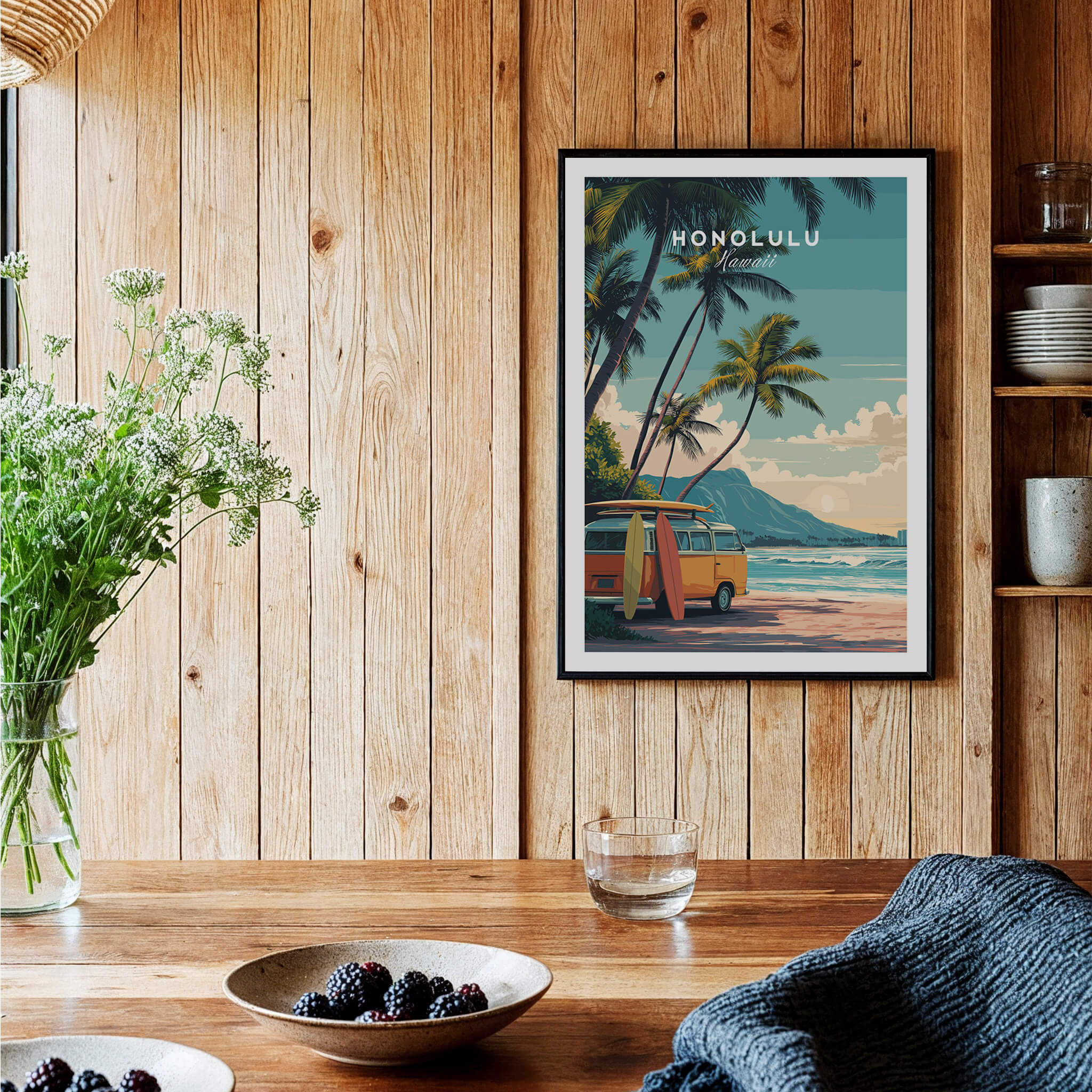 Honolulu Hawaii Travel Poster | Surf Van Beach Wall Art Print featuring a vintage surf van on a tropical beach.