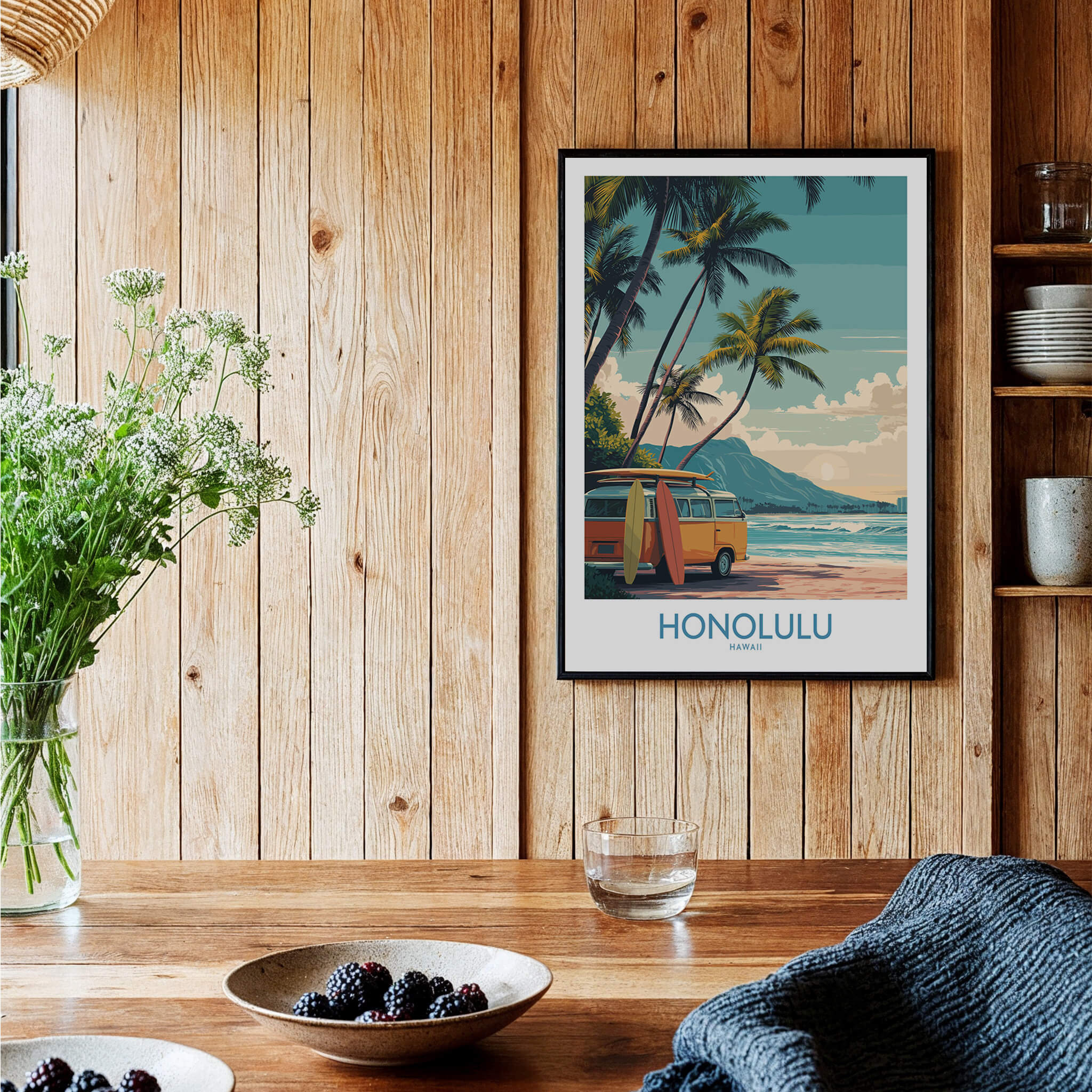 Honolulu Hawaii Poster | Vintage Aloha Style Canvas Print featuring a retro van and palm trees against a beach background.