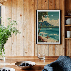 Honolulu Hawaii Wall Art Print | Waikiki Beach Surf Travel Poster featuring a serene beach scene with surfers.