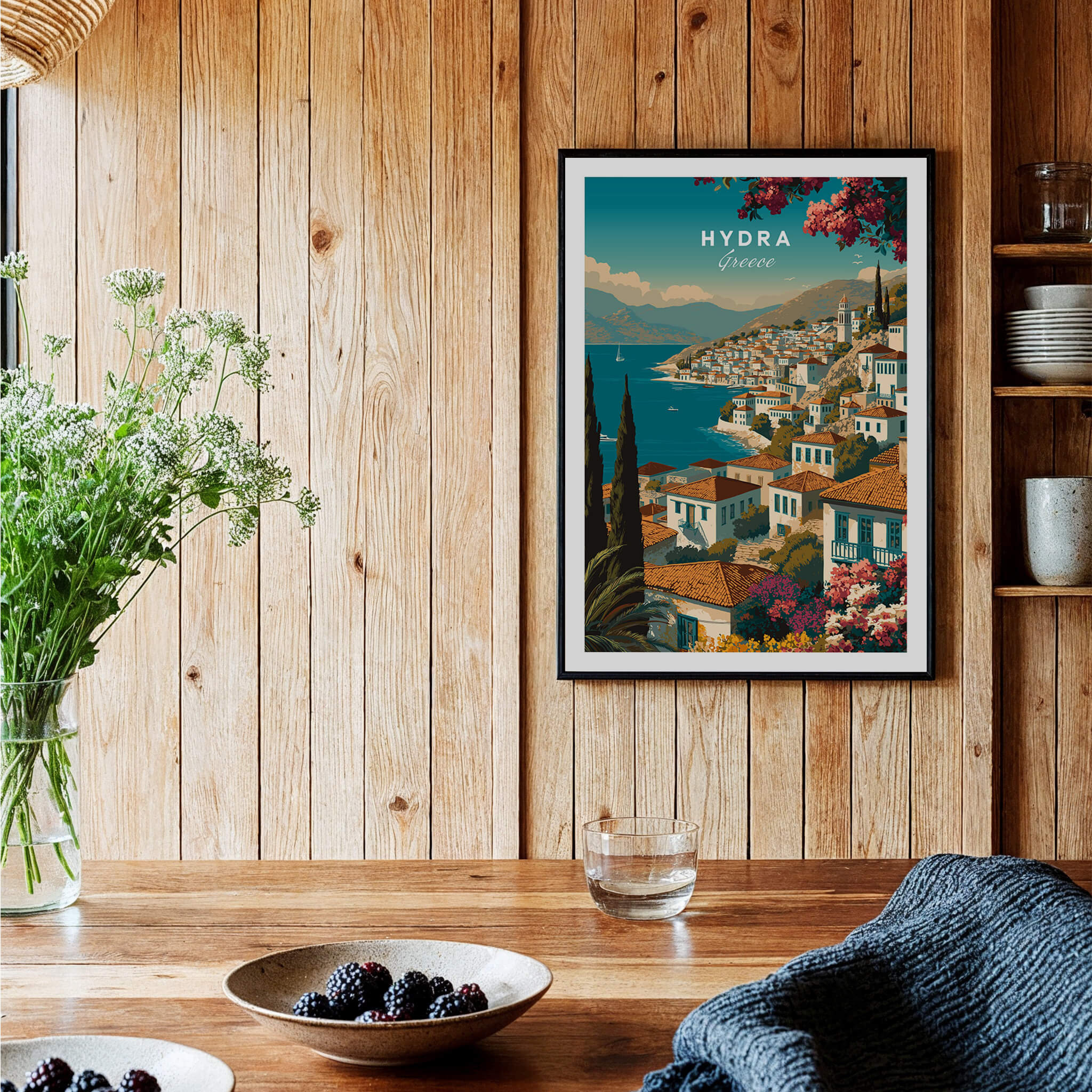 Hydra Greece Wall Art Print | Mediterranean Coastal Town Travel Poster showcasing Hydra's beautiful architecture and coastal view.