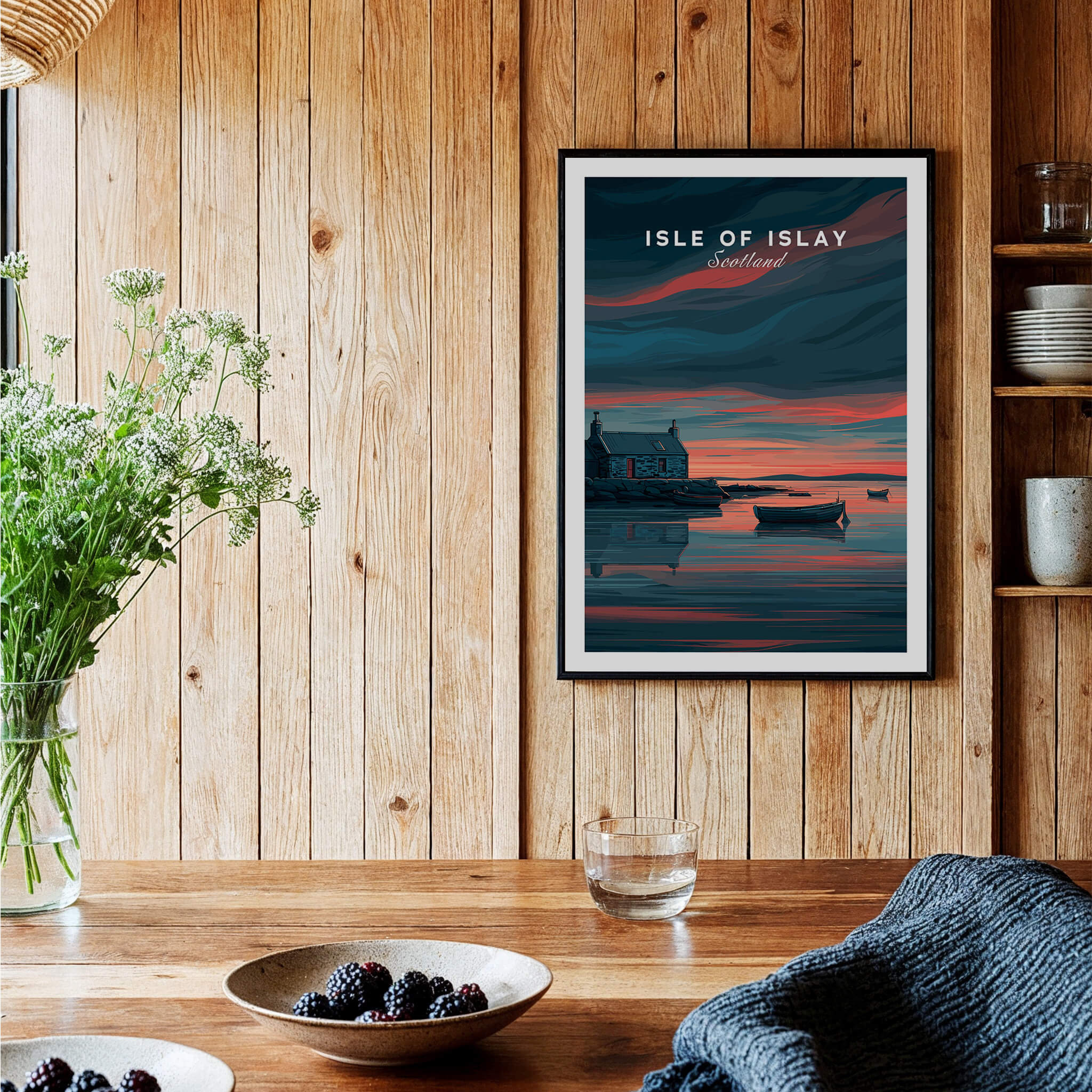 Isle of Islay Scotland Travel Posters | Highland Coastal House Wall Art Print featuring Highland landscapes and coastal houses.