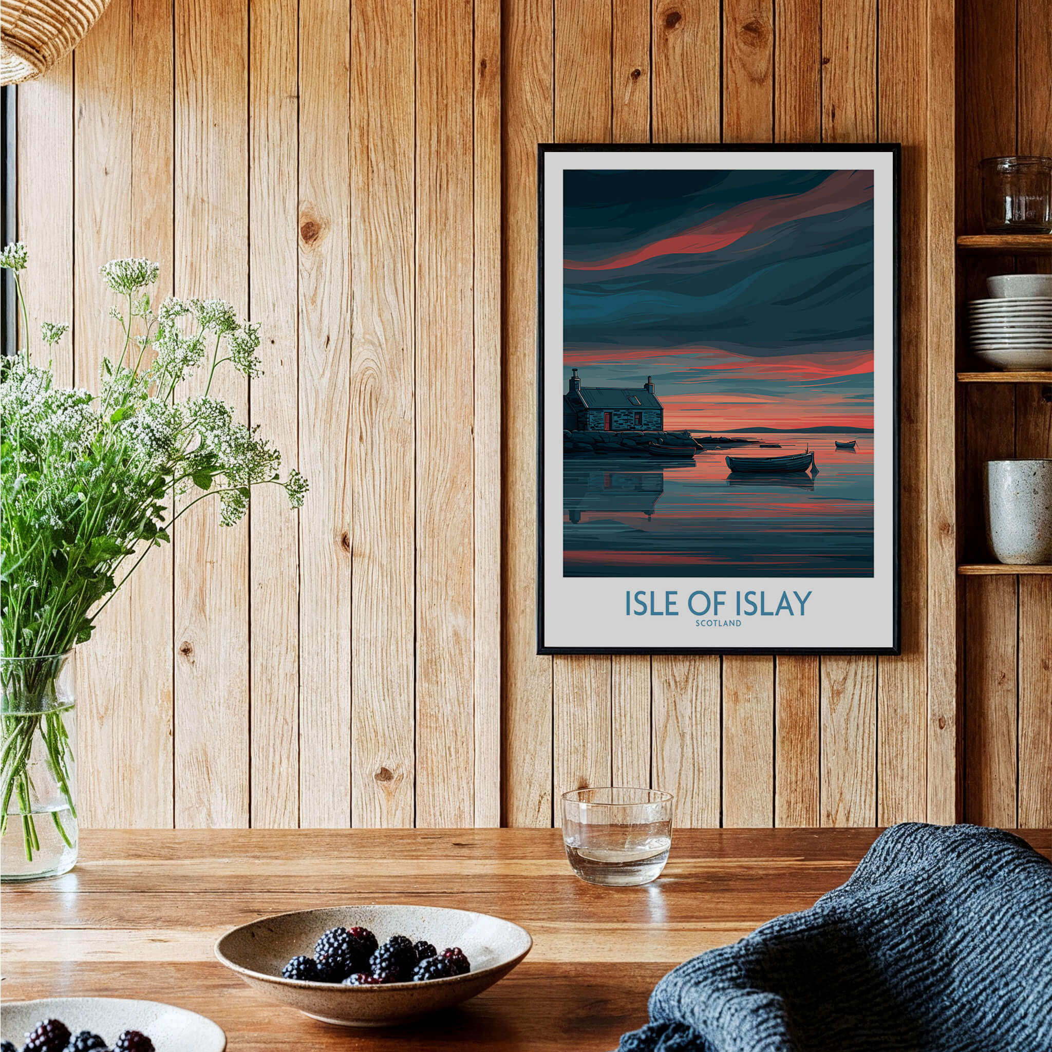 Isle of Islay Scotland Posters | Scottish Hebrides Seascape Canvas Print displayed in a rustic wooden interior.