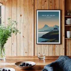 Isle of Islay Scotland Travel Poster featuring dramatic landscapes and coastal scenery in a rustic setting.