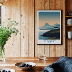 Isle of Islay Scotland Canvas & Art Print displayed in a cozy interior with wooden walls and natural decor.