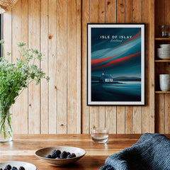 Isle of Islay Scotland Wall Art Print | Dramatic Sky Travel Poster framed in a cozy room with wooden decor.