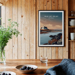 Isle of Islay Scotland Travel Posters | Scenic Coastal Cottage Wall Art Print displayed in a cozy interior setting.
