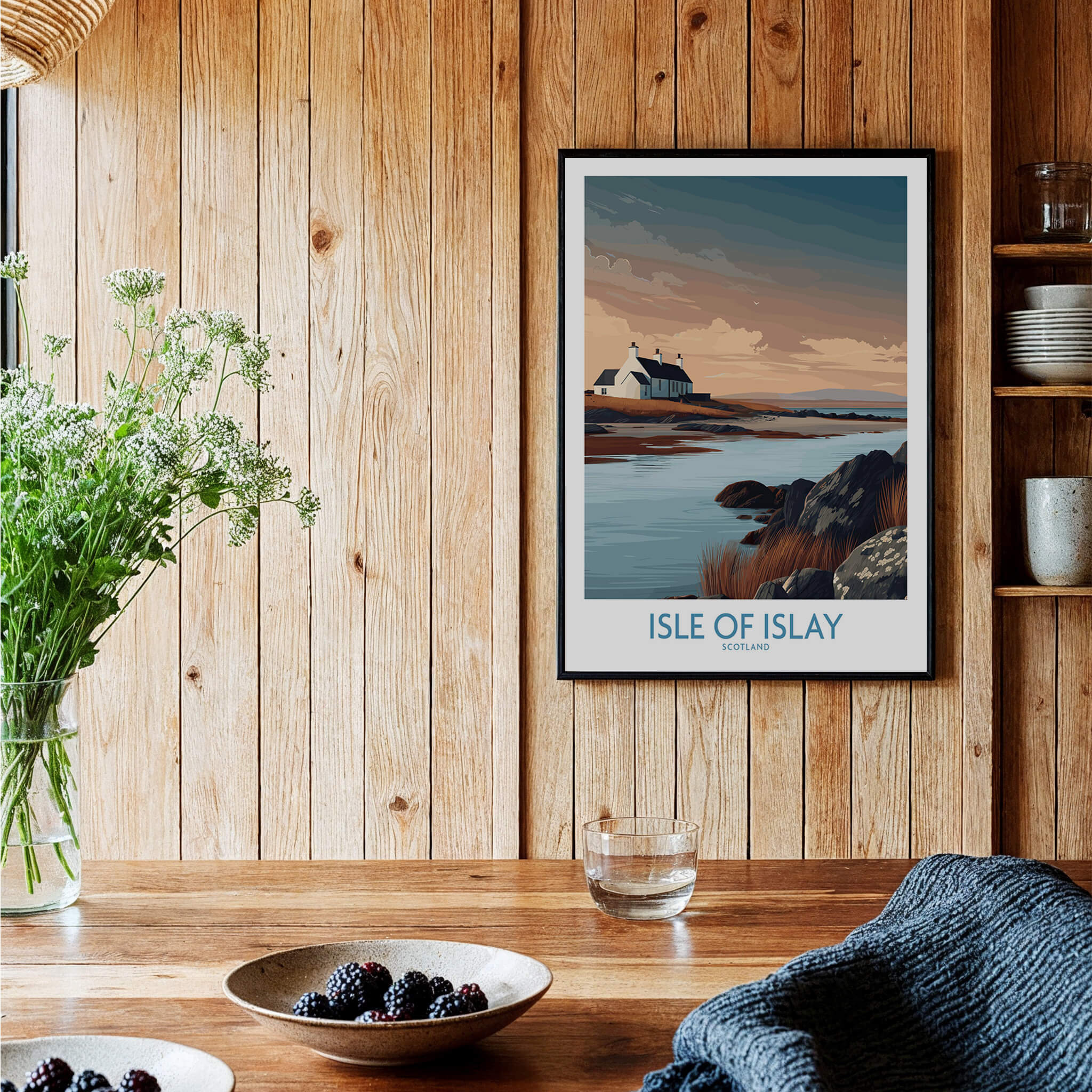 Isle of Islay Scotland Canvas Print | Hebrides Sunset Landscape Posters displayed in a cozy interior with wooden decor.