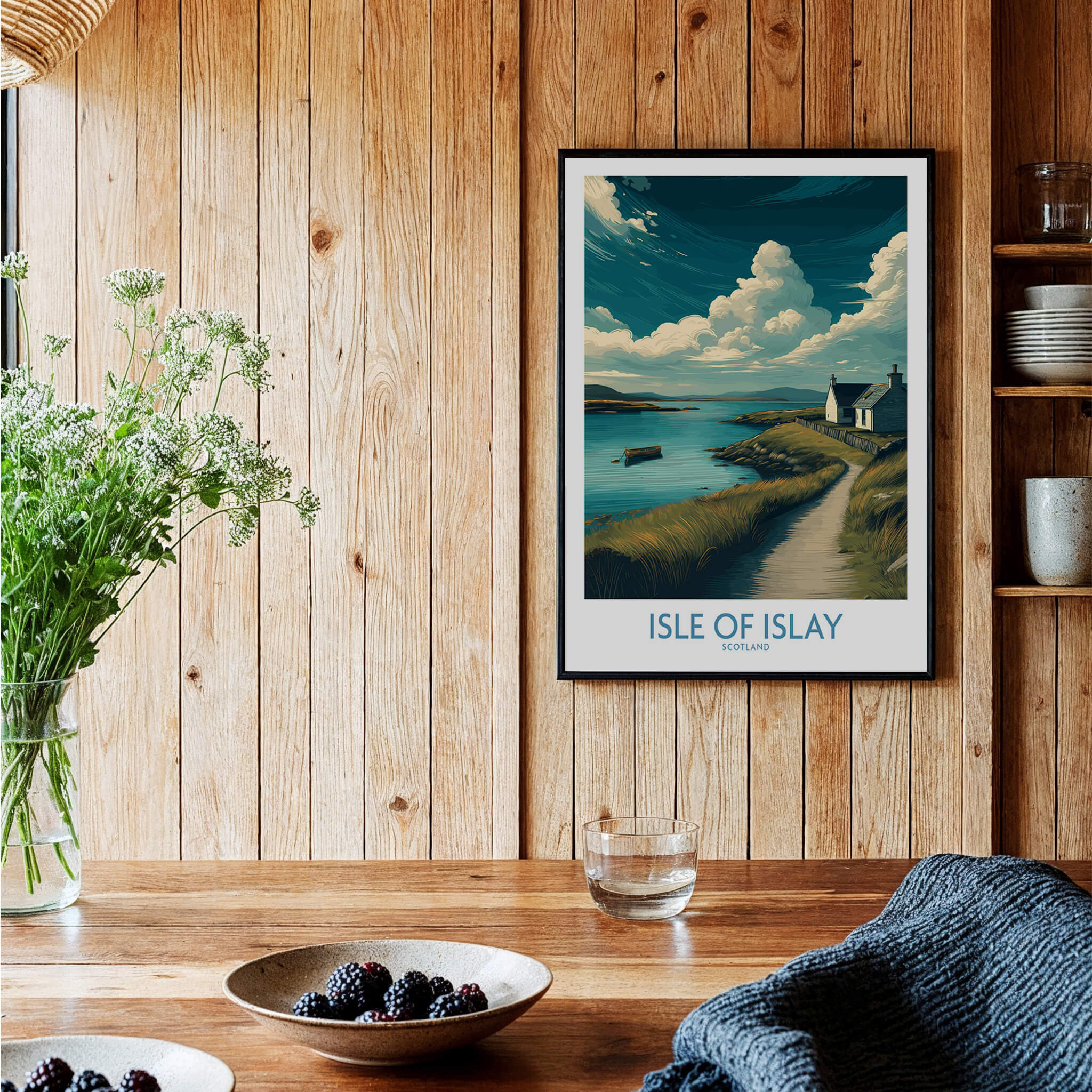 Isle of Islay Scotland Poster | Scottish Seaside Village Canvas Print showcasing a scenic coastal view with a charming cottage.